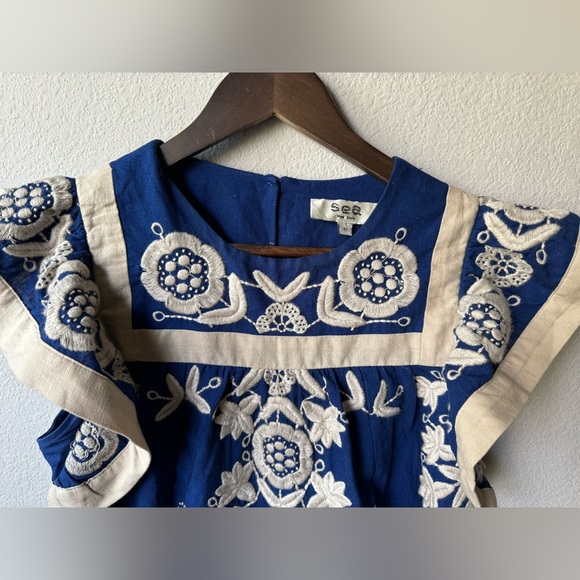 Sea NY Manuela Flutter Sleeve tunic dress S Blue Embroidered Linen New no tags - Picture 5 of 8